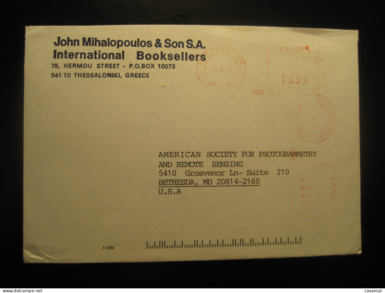 THESSALONIKI 1993 To Bethesda USA Int. Booksellers Meter Mail Cancel Cover GREECE - Storia Postale