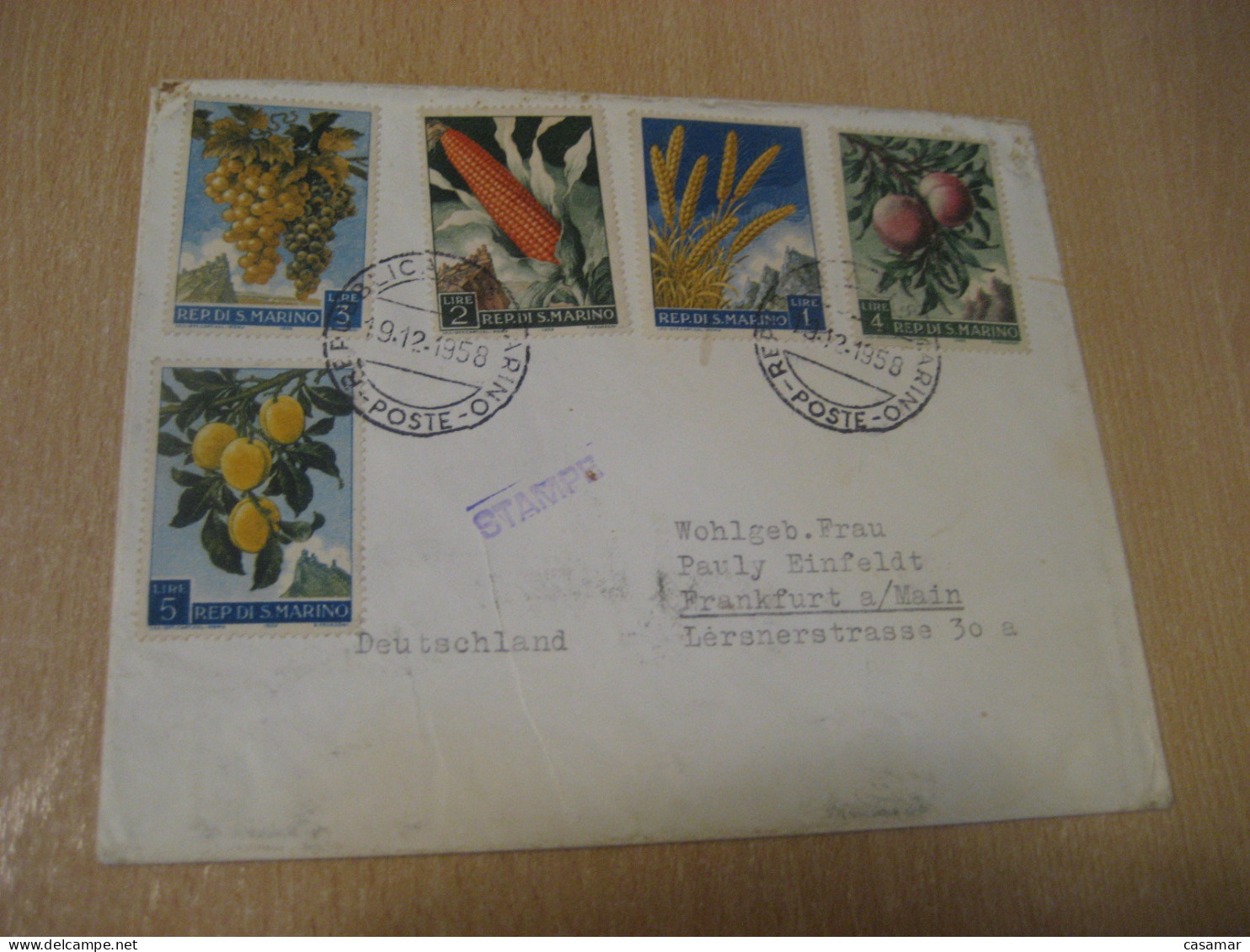 SAN MARINO 1958 To Frankfurt Germany Wine Enology Fruit Food Flora 5 Stamp Cancel Cover Italy Italia - Brieven En Documenten