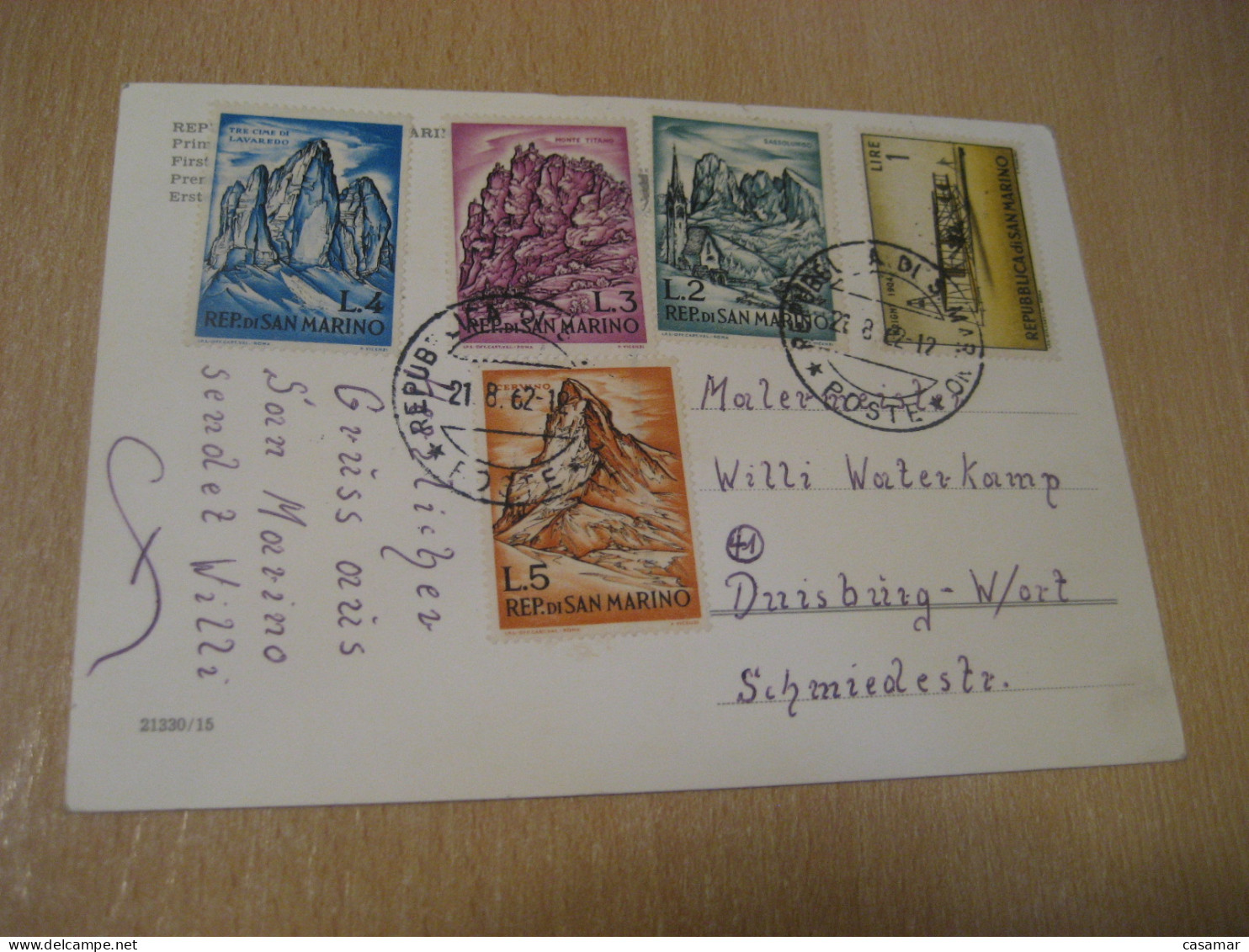 SAN MARINO 1962 To Duisburg Germany Lavaredo Cervino Titano Sassolungo Mountains Plane 5 Stamp Cancel Postcard Italy - Cartas & Documentos