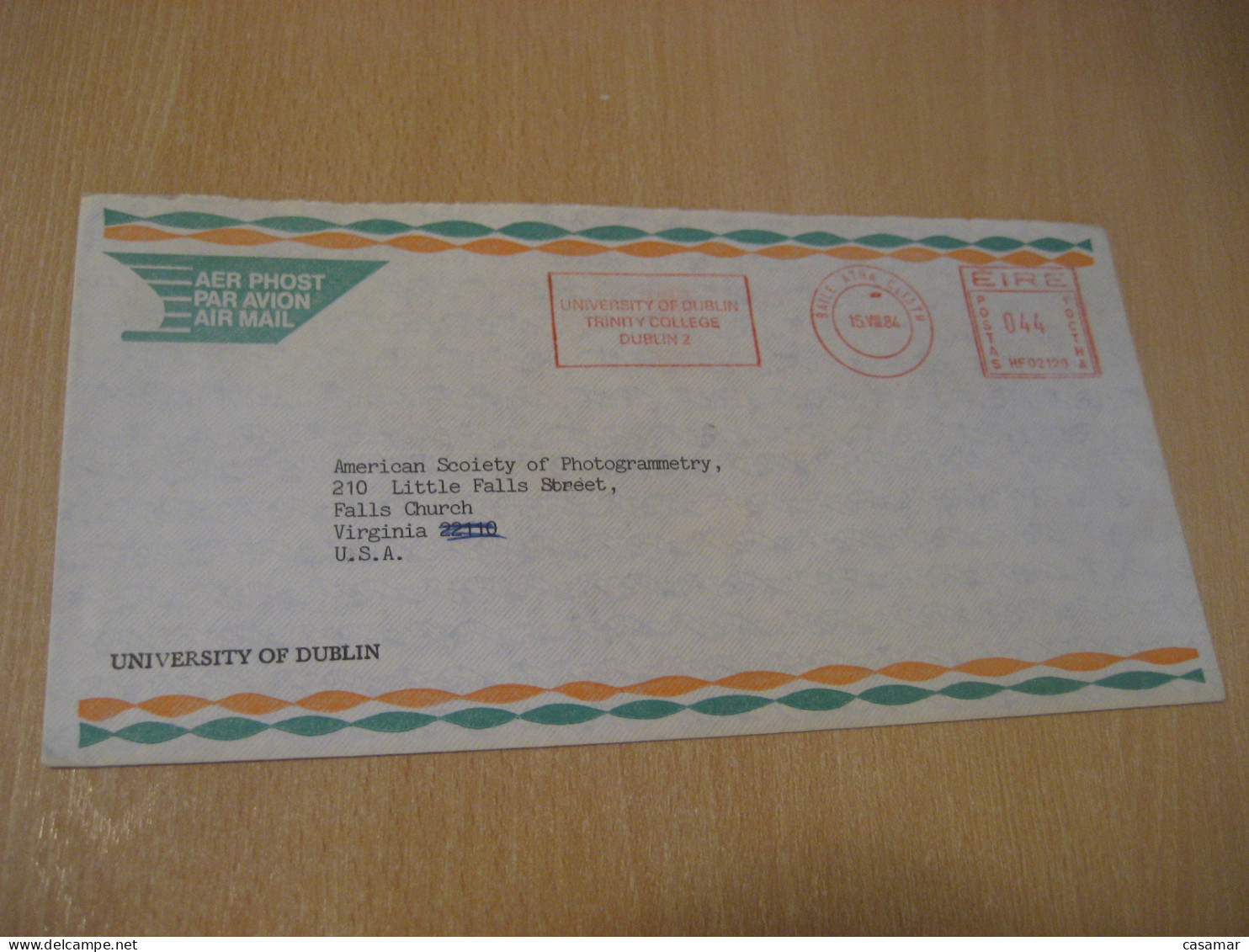 DUBLIN 1984 To Virginia USA University Trinity College Air Meter Mail Cancel Cover IRELAND Eire - Covers & Documents