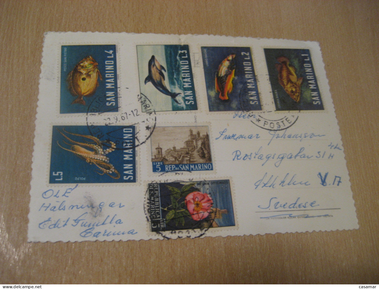 SAN MARINO 1967 To Sweden Fish Fishes Octopus Dolphin ... Stamps On Cancel Slight Damaged Postcard Italy Italia - Cartas & Documentos