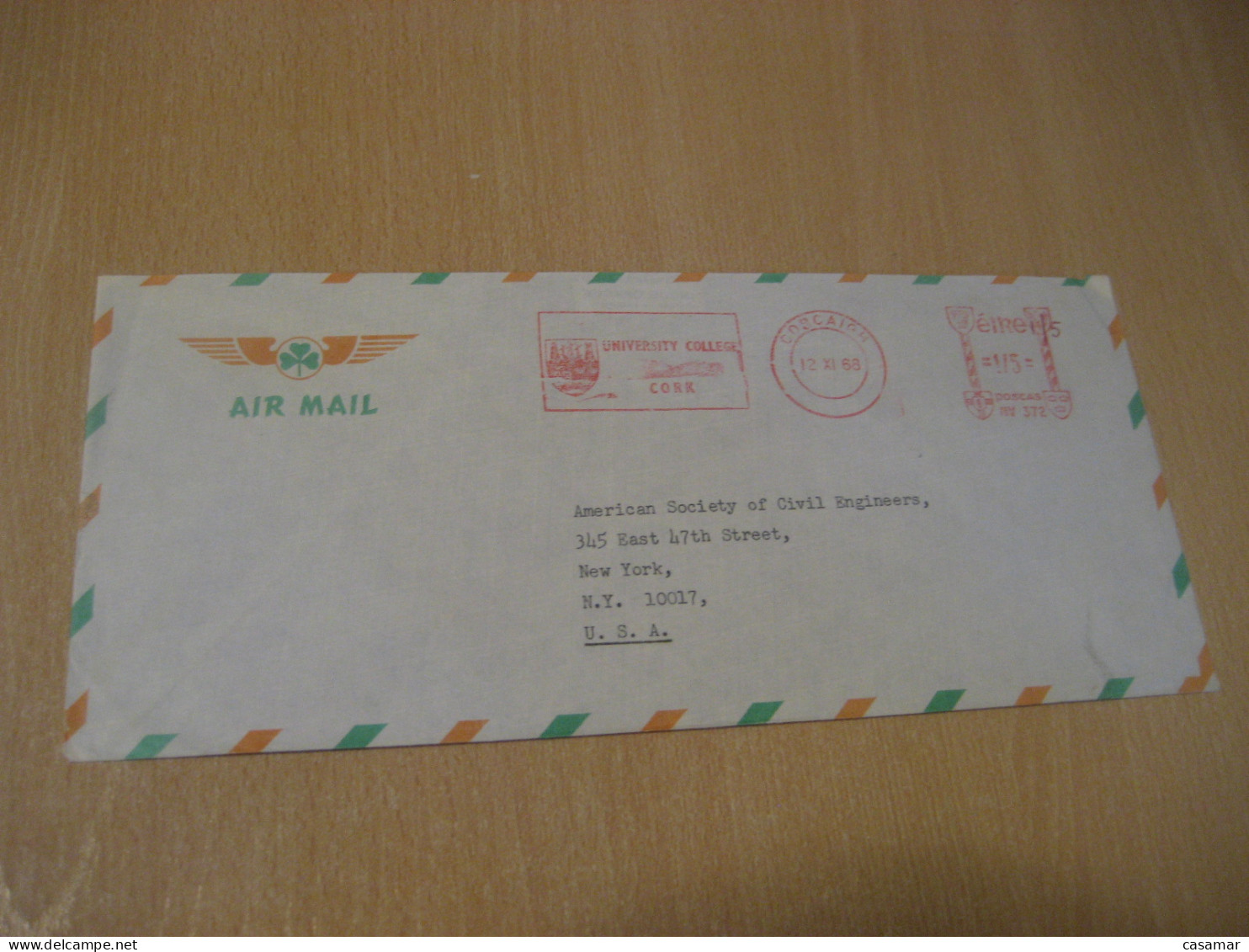CORCAIGH 1968 To NY New York USA University College CORK Air Meter Mail Cancel Cover IRELAND Eire - Cartas & Documentos