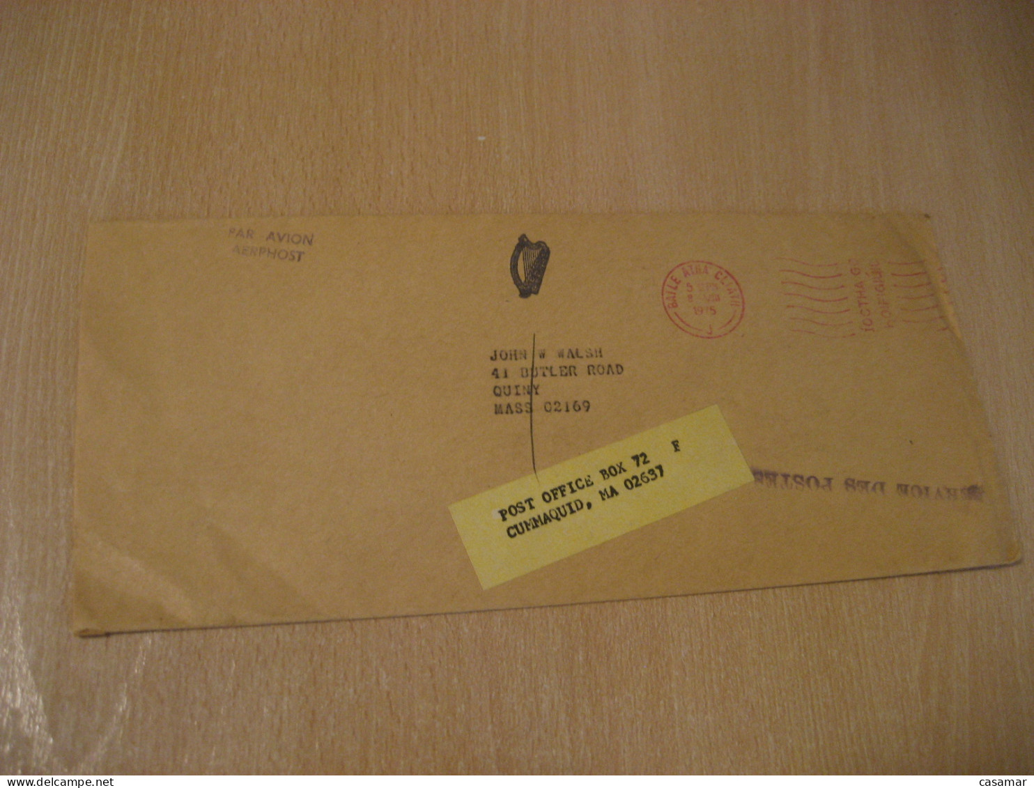 DUBLIN 1975 To Quiny Cummmaquid USA Air Meter Mail Cancel Cover IRELAND Eire - Storia Postale