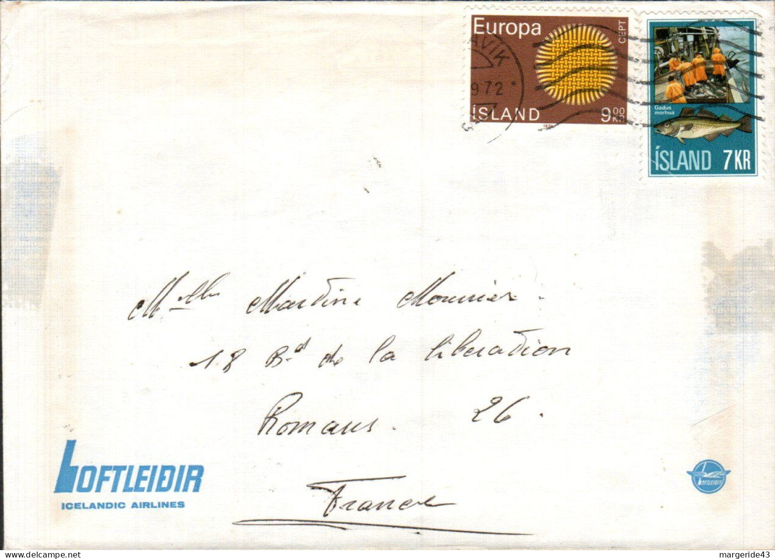 ISLANDE AFFRANCHISSEMENT COMPOSE SUR LETTRE POUR LA FRANCE 1972 - Storia Postale