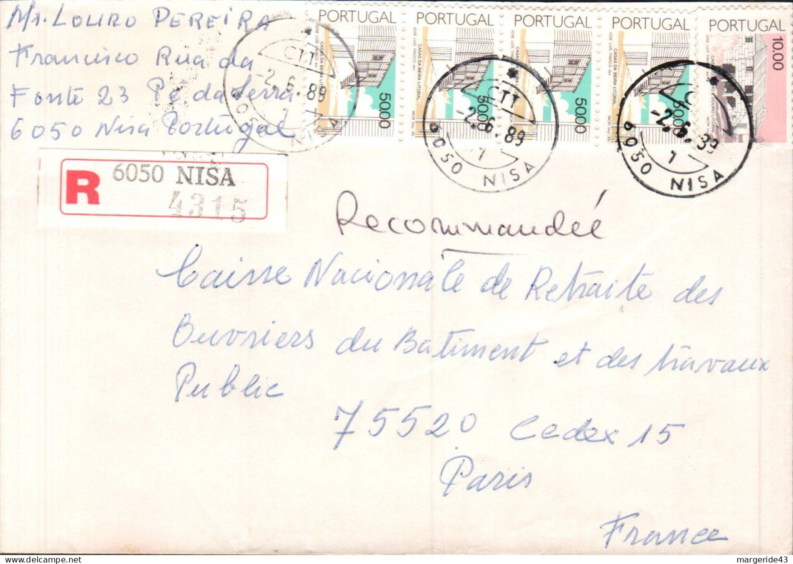 PORTUGAL AFFRANCHISSEMENT COMPOSE SUR LETTRE RECOMMANDEE DE NISA POUR LA FRANCE 1989 - Covers & Documents