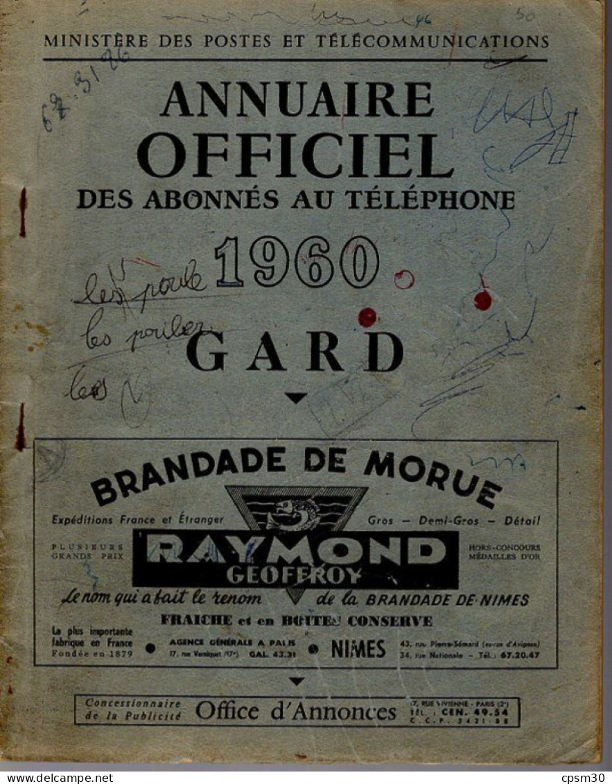 ANNUAIRE - 30 - Département Gard - Année 1960 - Annuaire Officiel Des Postes - 116 Pages - Directorios Telefónicos