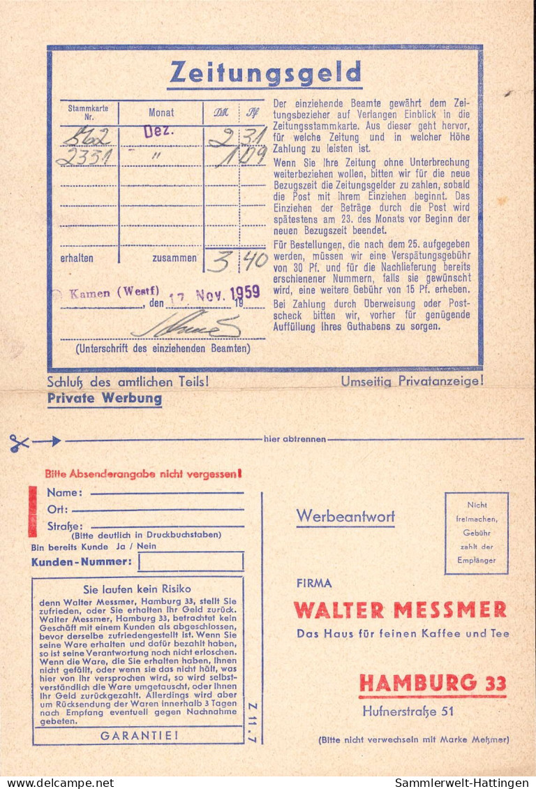 602313 | Amtliche Gebührenquittung, Zeitungsgeld Mit Werbung Der Firma Messmer, Kaffee, Tee  | Hamburg (W - 2000), Kamen - Other & Unclassified