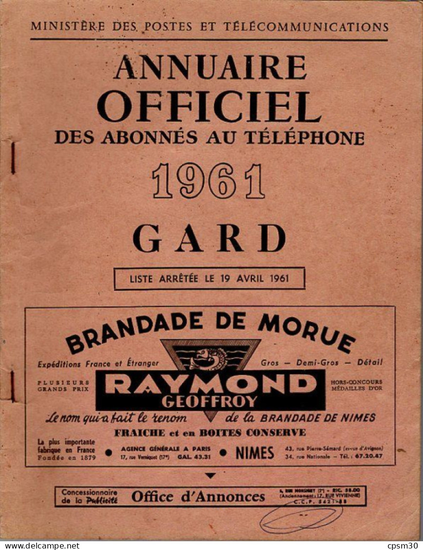 ANNUAIRE - 30 - Département Gard - Année 1961 - Annuaire Officiel Des Postes - 120 Pages - Telefonbücher