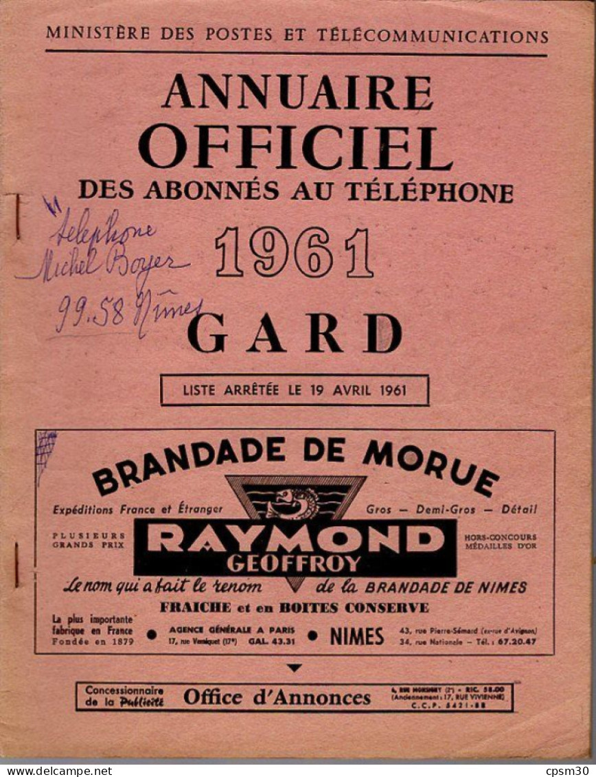 ANNUAIRE - 30 - Département Gard - Année 1961 - Annuaire Officiel Des Postes - 120 Pages - Telefonbücher