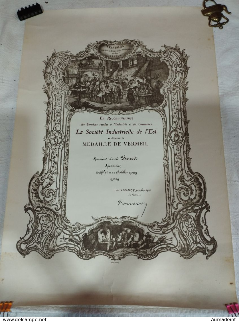 Ancien Diplôme De La Médaille De Vermeil  De Mécanicien  De La Société Industrielle De L'est à Nancy  De 1973 - Diplômes & Bulletins Scolaires