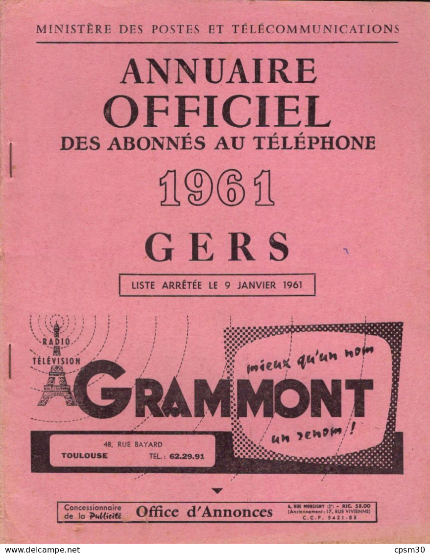 ANNUAIRE - 32 - Département Gers- Année 1961 - Annuaire Officiel Des Postes - 68 Pages - Directorios Telefónicos