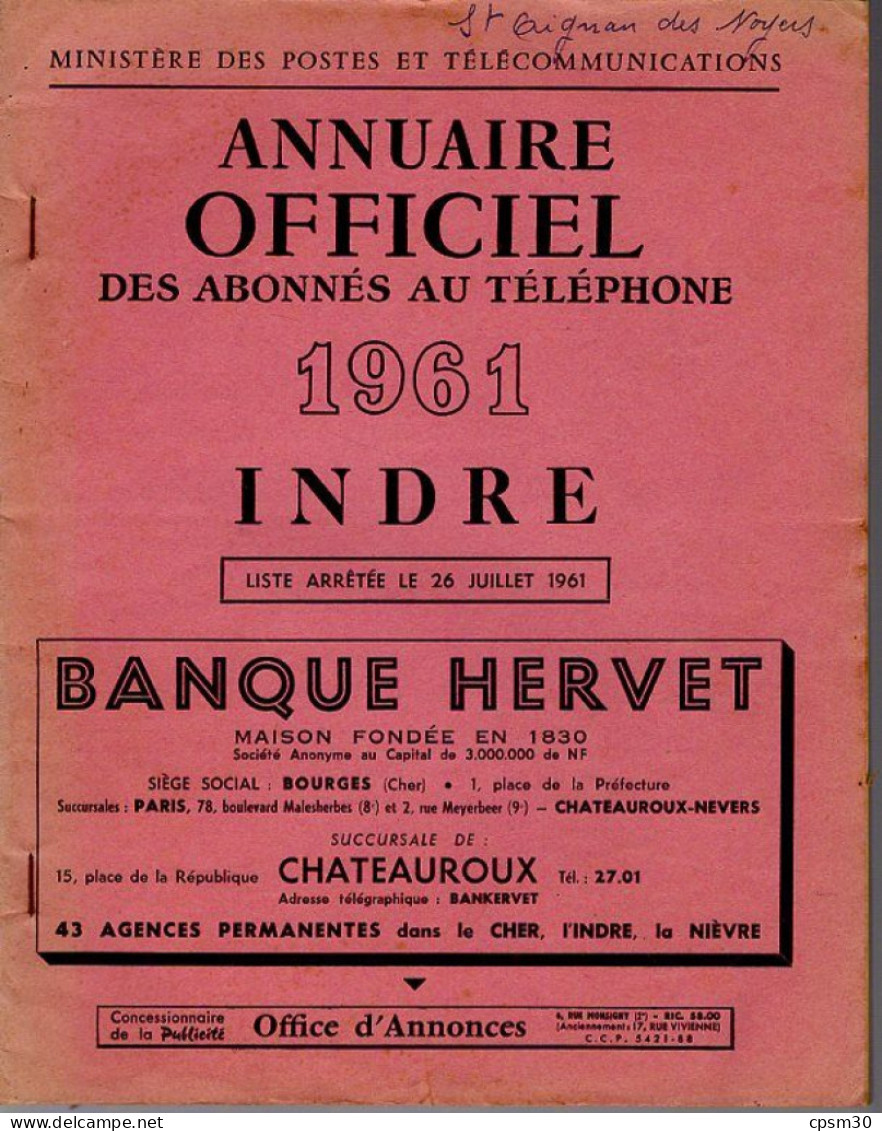 ANNUAIRE - 36 - Département Indre - Année 1961 - Annuaire Officiel Des Postes - 100 Pages - Elenchi Telefonici