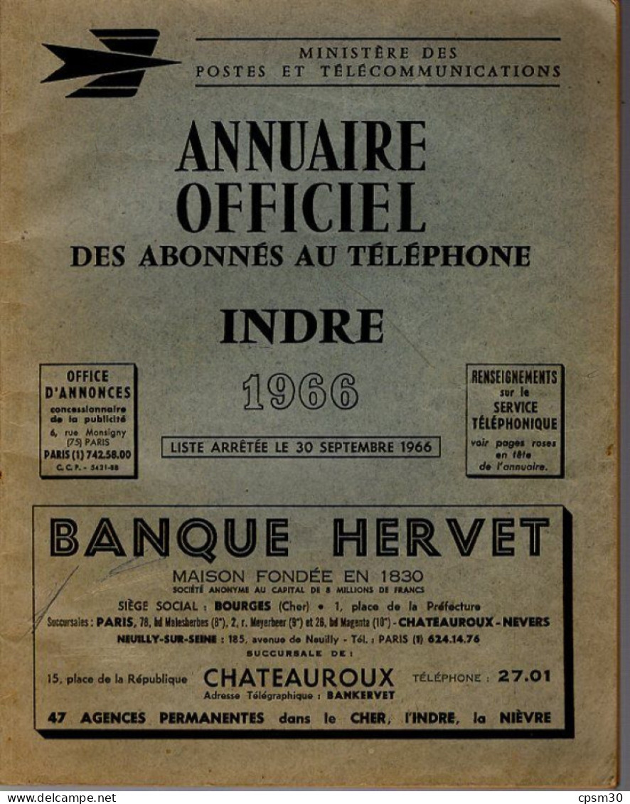 ANNUAIRE - 36 - Département Indre - Année 1966 - Annuaire Officiel Des Postes - 140 Pages - Directorios Telefónicos