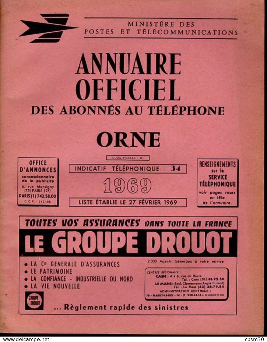 ANNUAIRE - 61 - Département Orne - Année 1969 - Annuaire Officiel Des Postes - 156 Pages - Directorios Telefónicos