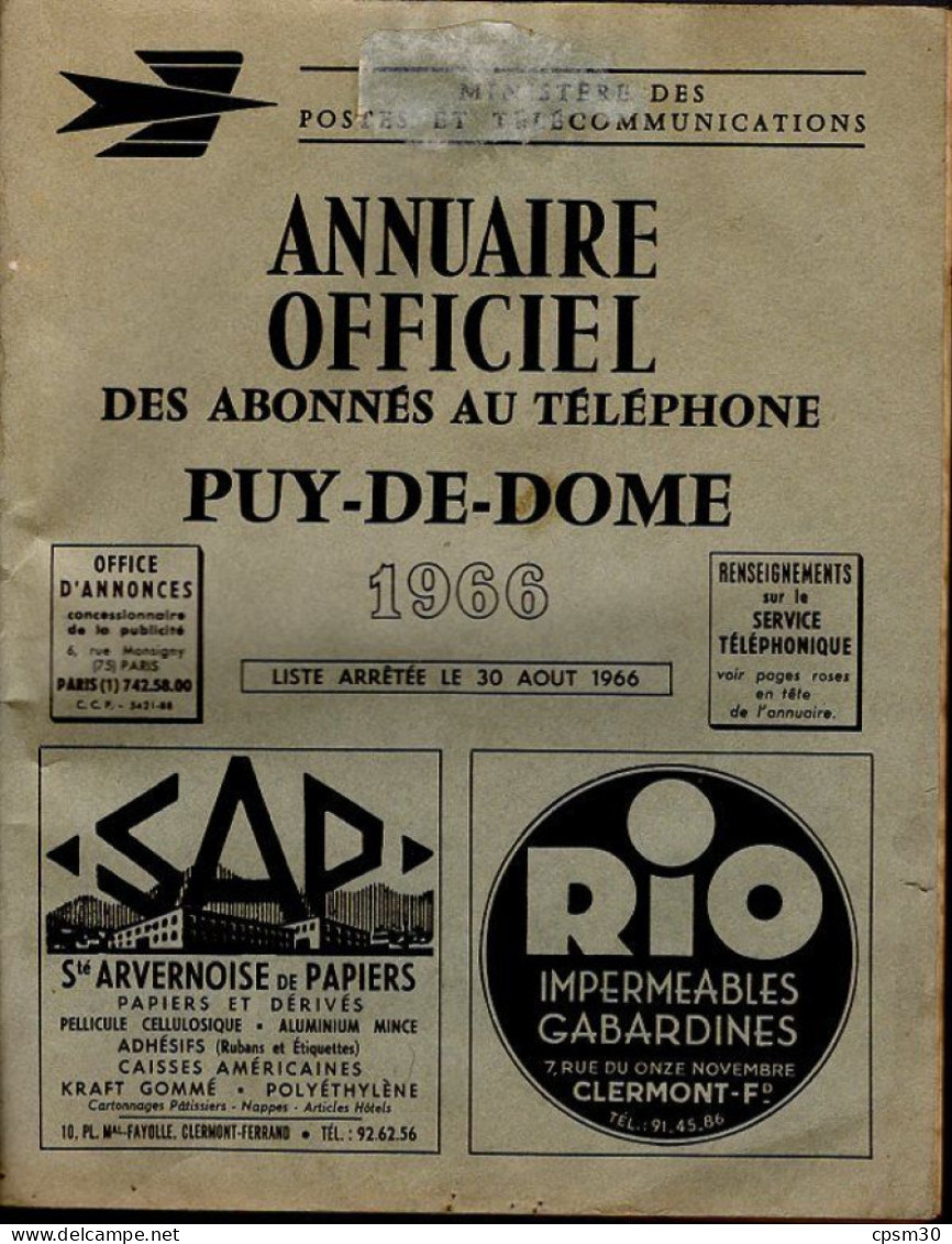 ANNUAIRE - 63 - Département Puy De Dome - Année 1966 - Annuaire Officiel Des Postes - 280 Pages - Directorios Telefónicos