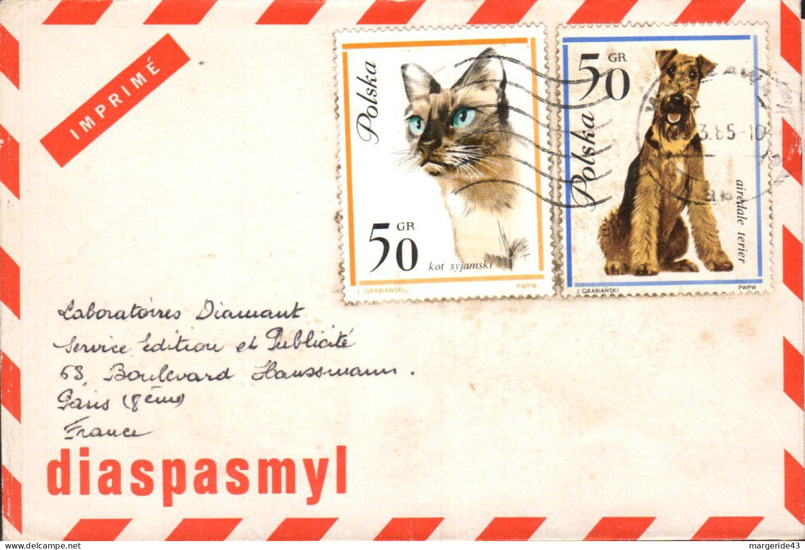 POLOGNE 1965 3 LETTRE DE LABORATOIRE - SERIE CHIENS - Storia Postale