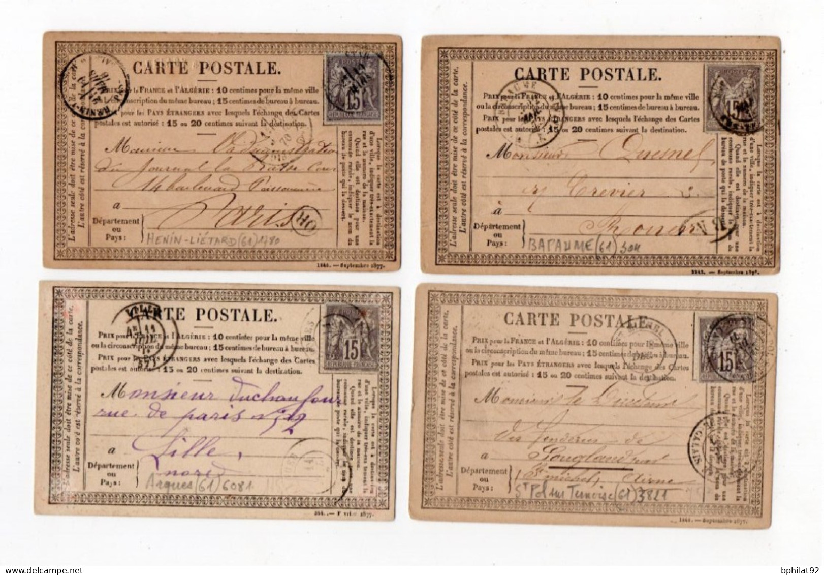 !!! LOT DE 4 CARTES PRECURSEUR TYPE SAGE CACHETS DE BAPAUME, ARQUES, HENIN ET ST POL SUR TERNOISE  (PAS DE CALAIS) - Cartes Précurseurs