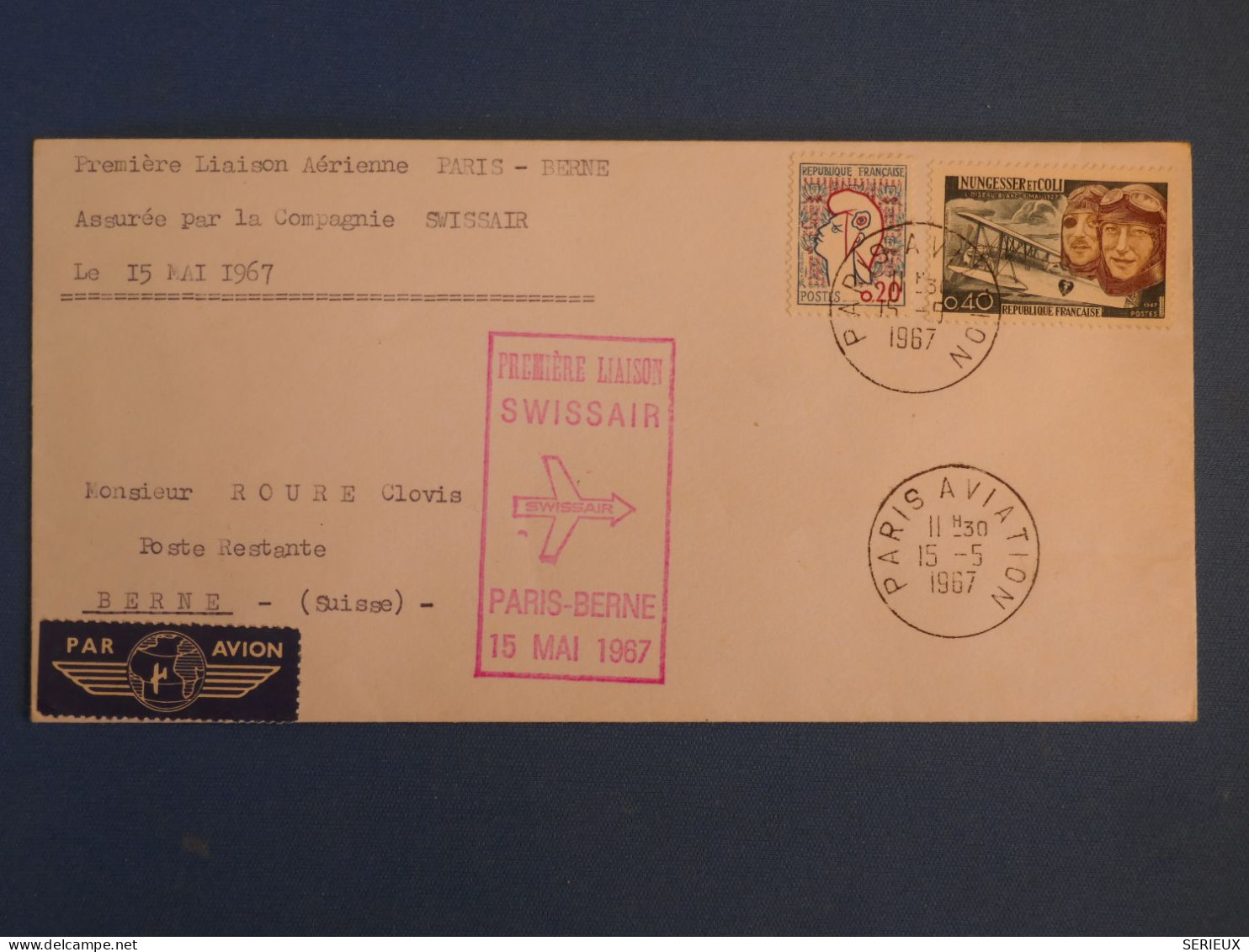 DB23 FRANCE BELLE LETTRE  1967 1ER VOL  PARIS BERNE SUISSE +SWISSAIR  ++AFFR INTERESSANT++ - 1960-.... Covers & Documents