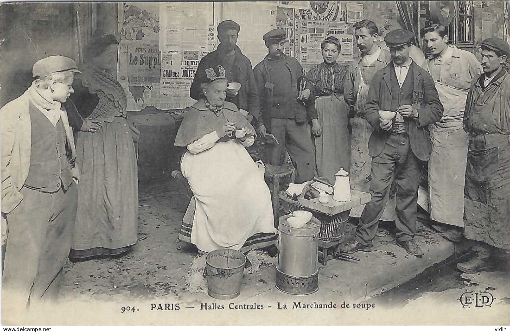 PARIS Rare Carte 1908 HALLES CENTRALES MARCHANDE DE SOUPE - Plazas De Mercados