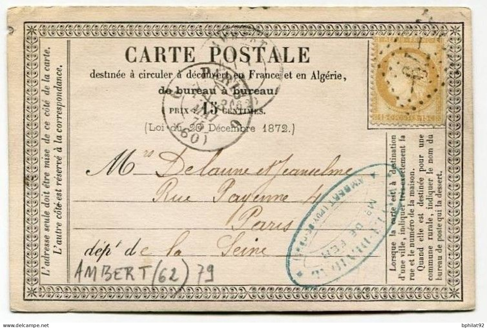 !!! CARTE PRECURSEUR CERES CACHET D'AMBERT (PUY DE DOME) 1875 - Cartes Précurseurs