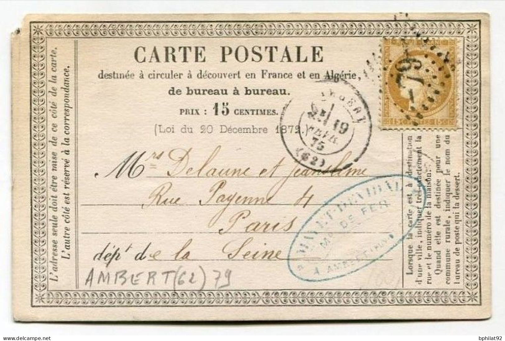 !!! CARTE PRECURSEUR CERES CACHET D'AMBERT (PUY DE DOME) 1875 - Cartes Précurseurs