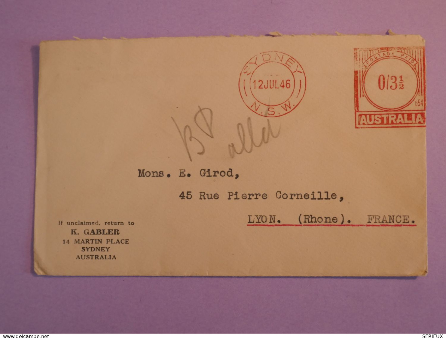 DB23 AUSTRALIA BELLE LETTRE RARE  1946  SYDNEY A LYON FRANCE   ++AFFR INTERESSANT++ - Lettres & Documents