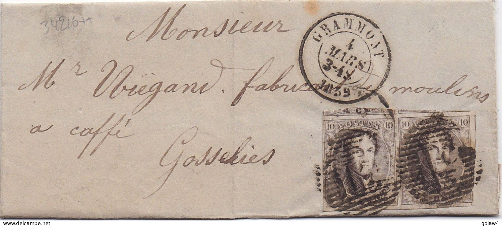 34216# BELGIQUE LEOPOLD MEDAILLON ARRONDI PAIRE N° 10A BELLES MARGES LETTRE Obl P 51 GRAMMONT 1859 Pour GOSSELIES - 1849-1865 Médaillons (Autres)