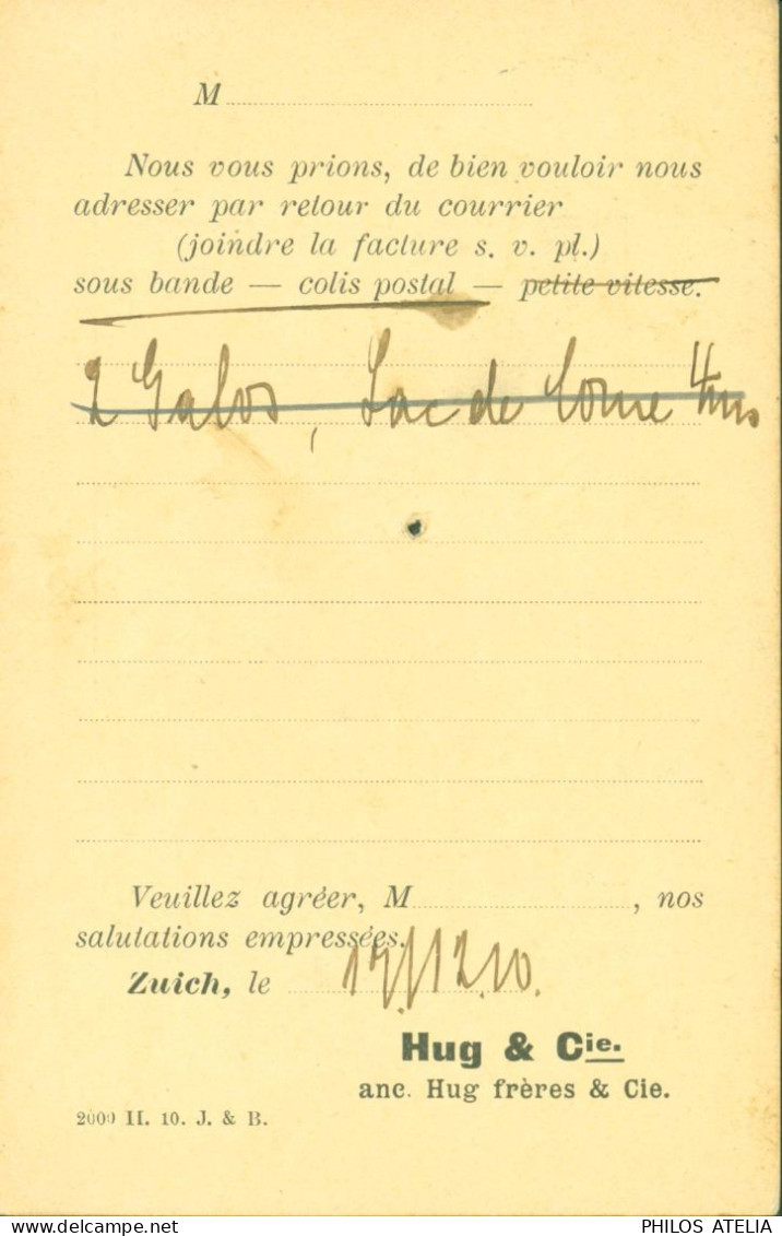 Suisse YT N°136 Walter Tell Perforé Perforation HUG (Hug & Cie) CAD Zurich 17 XII 1910 CP Bulletin De Commande - Gezähnt (perforiert)