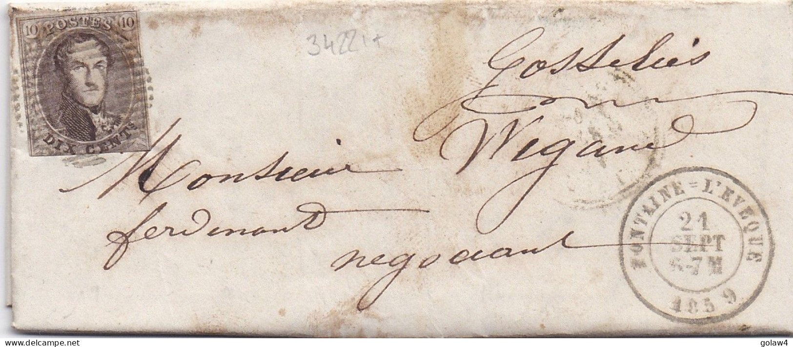 34221# BELGIQUE LEOPOLD MEDAILLON ARRONDI N° 10A LETTRE Obl P 42 FONTAINE L'EVEQUE 1859 Pour GOSSELIES - 1849-1865 Medaillen (Sonstige)