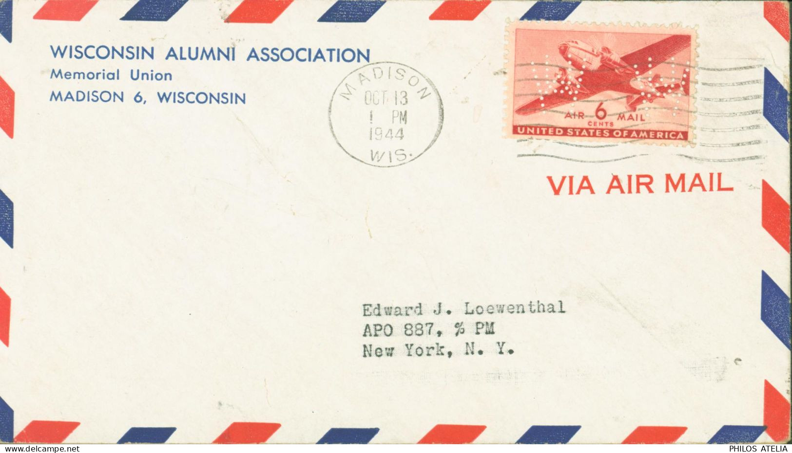 USA United States Of America Air Mail 6c Perforé Perforation WU Wisconsin Alumni Association CAD Madison 1944 - Perfins