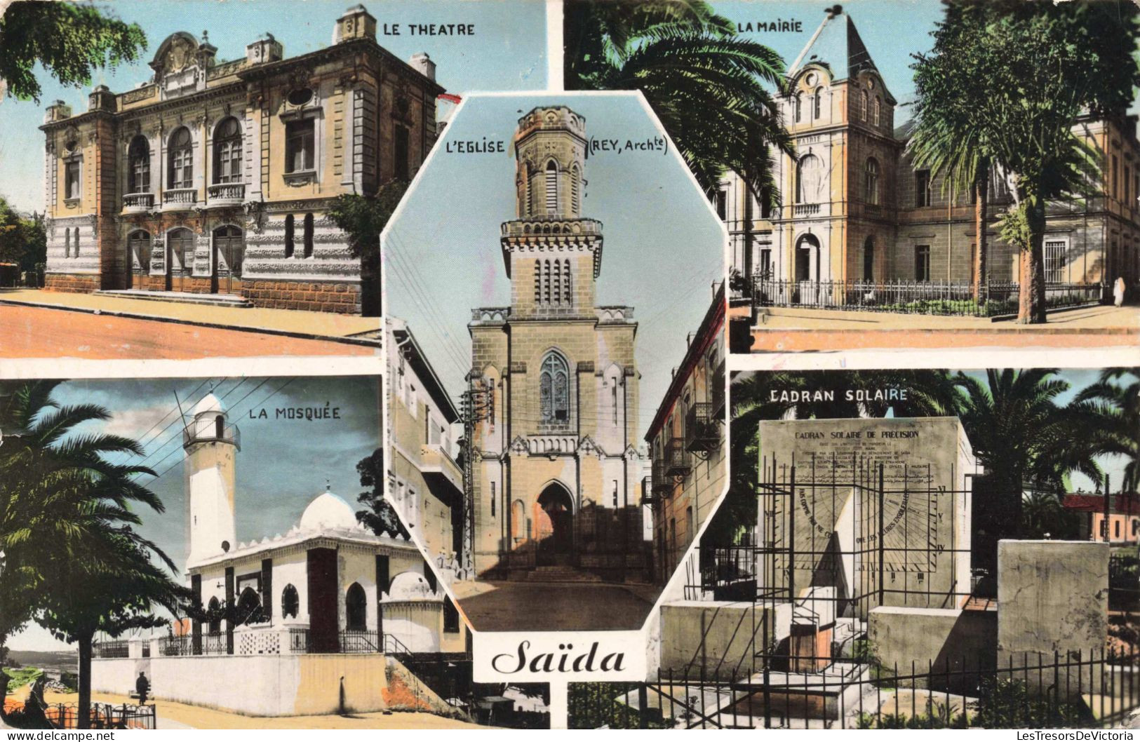 ALGÉRIE - Saïda - Théâtre - Mairie - Mosquée - Église - Ladran Solaire - Colorisé - Carte Postale Ancienne - Saïda
