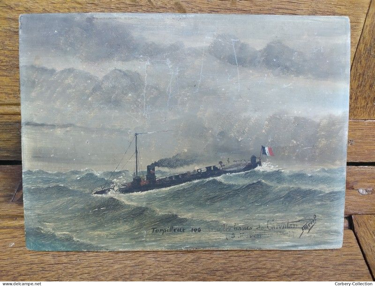 Tableau Peinture Marine Torpilleur 106 dans les Bancs de Carentan, Datée 1896 Signée F. Mevel.