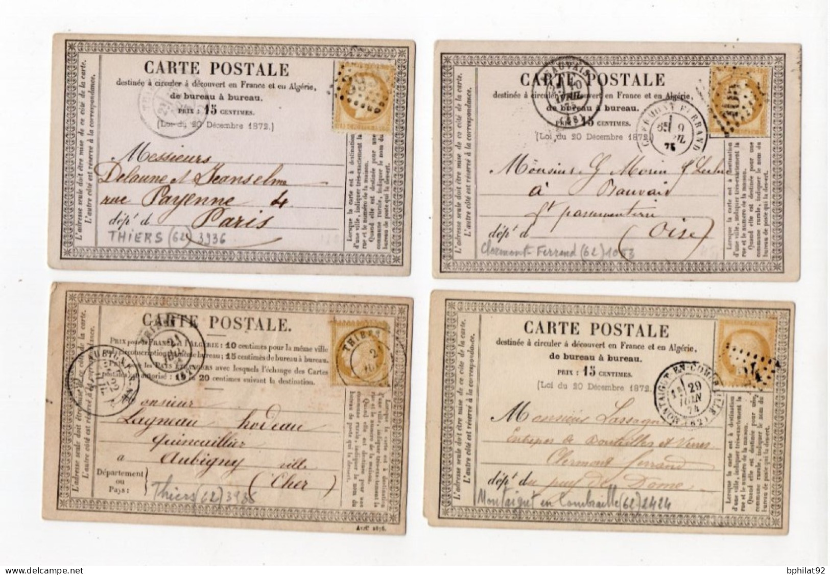 !!! LOT DE 4 CARTES PRECURSEUR CERES CACHETS DE MONTAIGUT EN COMBRAILLE, THIERS ET CLERMONT (PUY DE DOME) - Cartes Précurseurs