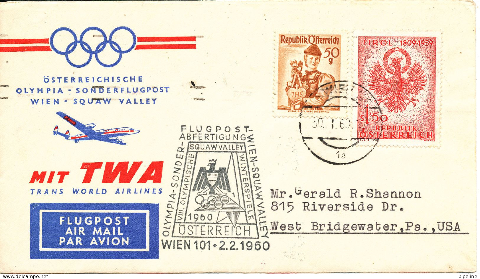 Austria Special Flight Cover Olympic Games Squaw Valley Wien - Squaw Valley 2-2-1960 - Winter 1960: Squaw Valley