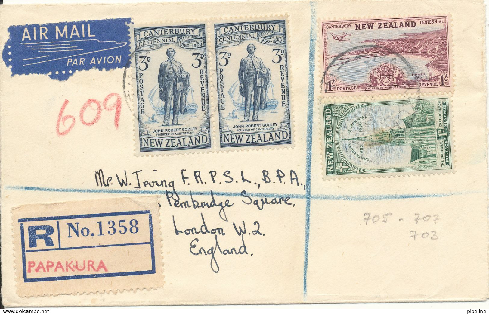 New Zealand Registered Cover Sent Air Mail To England Papakura - FDC