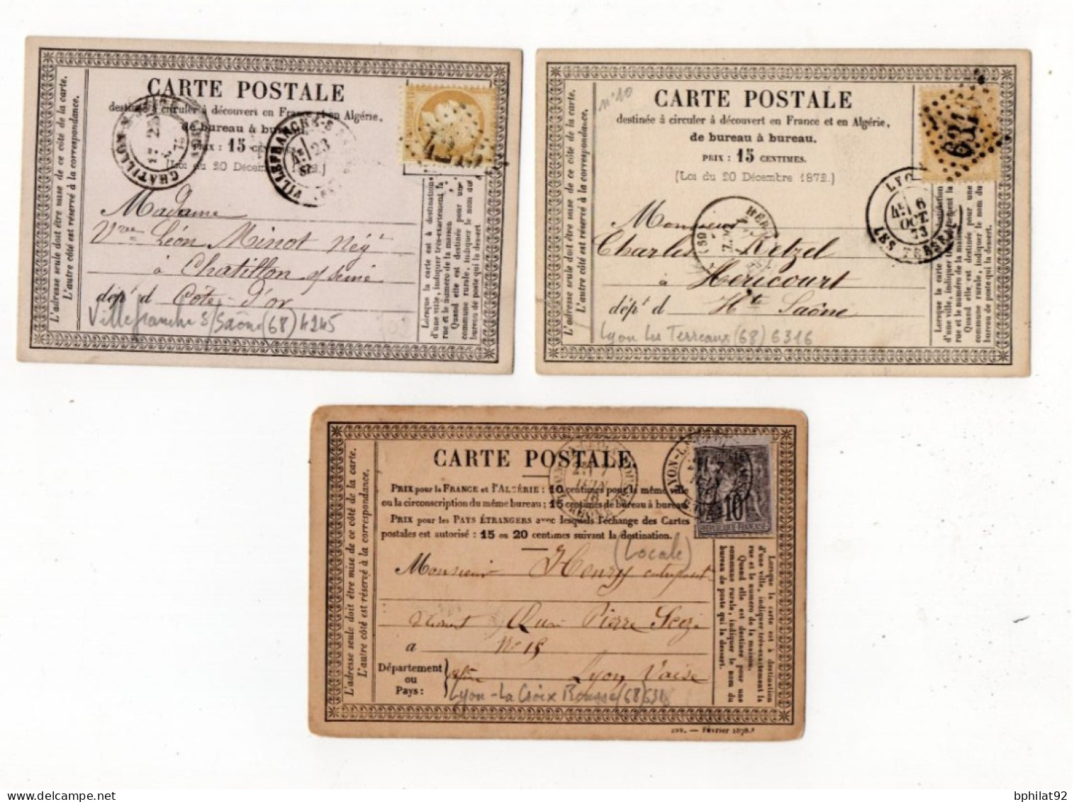 !!! LOT DE 3 CARTES PRECURSEUR CERES ET SAGE CACHETS DE LYON ET DE VILLEFRANCHE SUR SAONE (RHONE) - Cartes Précurseurs