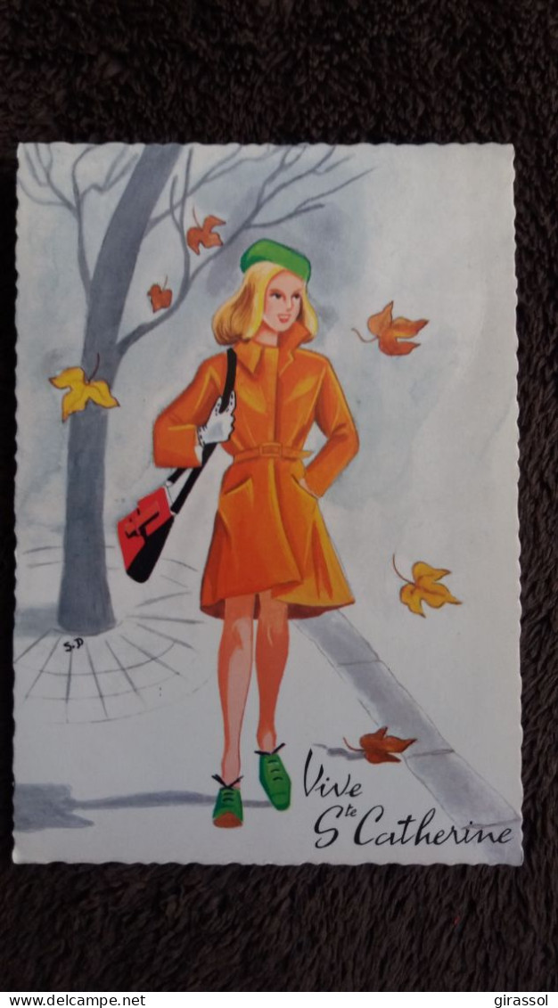 CPSM ILLUSTRATEUR S D VIVE STE CATHERINE FEUILLES MORTES AUTOMNE FEMME - Sainte-Catherine