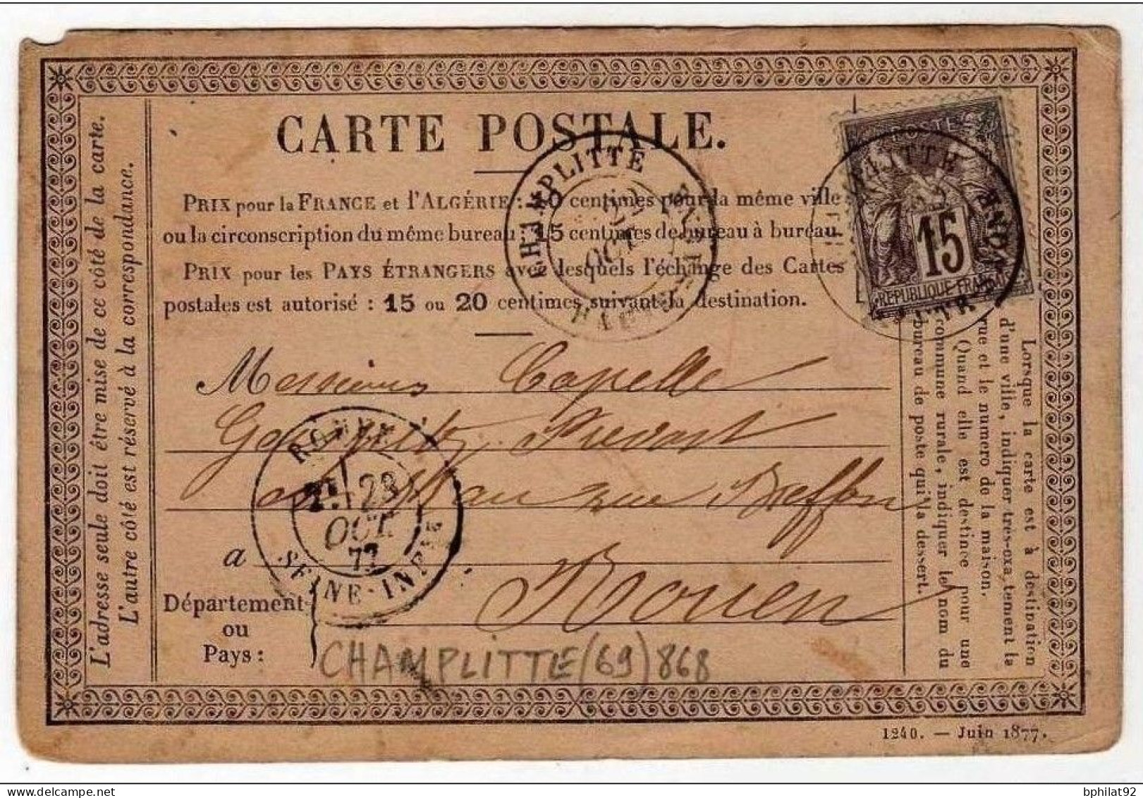 !!! CARTE PRECURSEUR TYPE SAGE CACHET DE CHAMPLITTE ( HAUTE SAONE) 1877 EN L'ETAT - Cartes Précurseurs