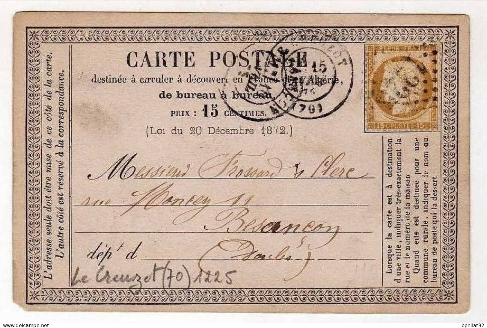 !!! CARTE PRECURSEUR CERES CACHET DU CREUZOT  (SAONE ET LOIRE) 1875 - Cartes Précurseurs