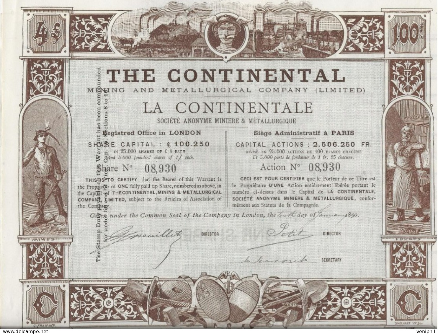LA CONTINENTAL - SOCIETE MINIERE ET METALLURGIQUE -ANNEE 1890- TRES BELLE ACTION ILLUSTREE  DE 100 FRS - Mijnen