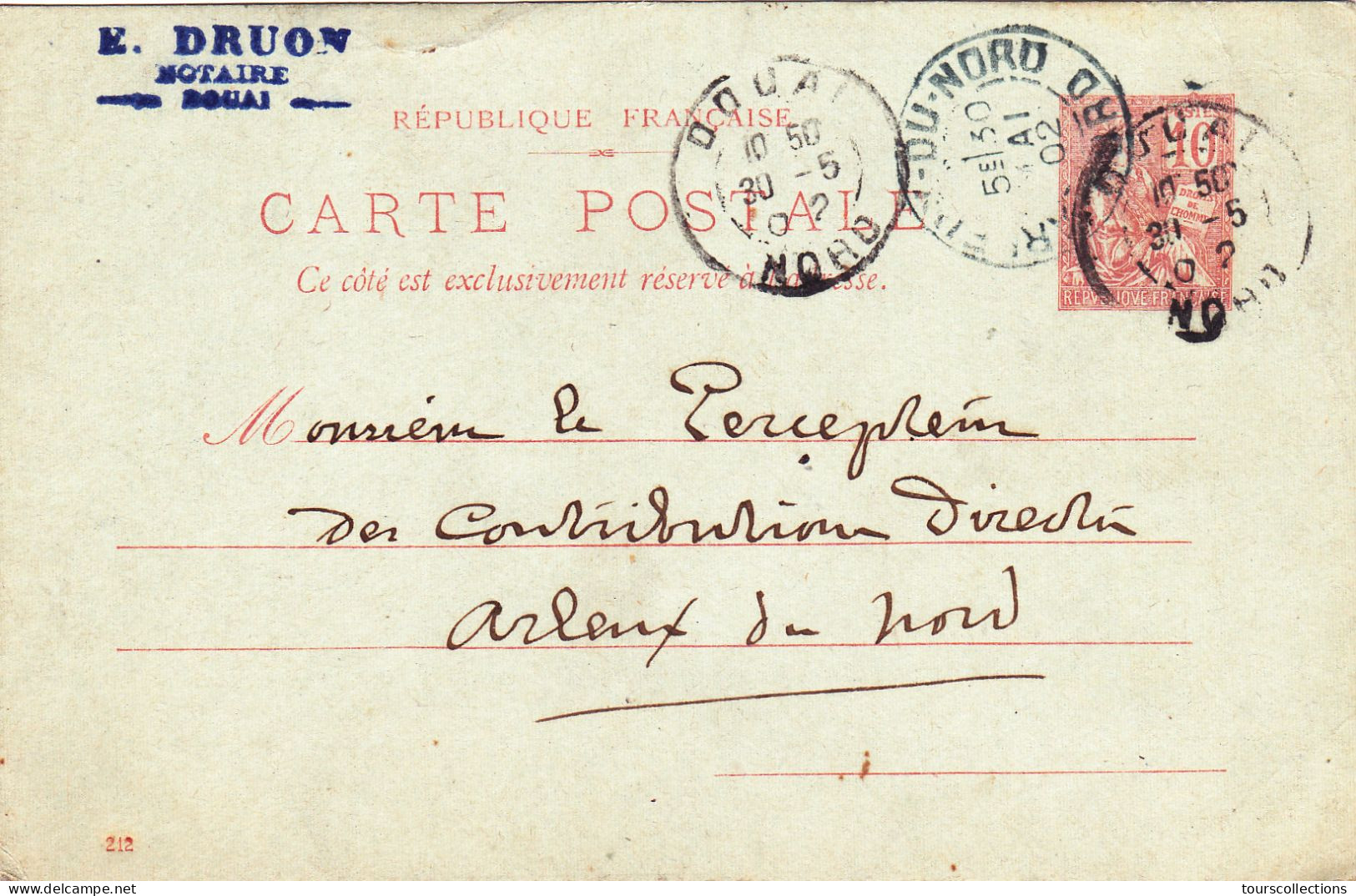 ENTIER POSTAL CARTE POSTALE De 1902 - DOUAI à ARLEUX Nord France - E. DRUON Notaire à Mr Goichon Percepteur Impots - Cartes Précurseurs