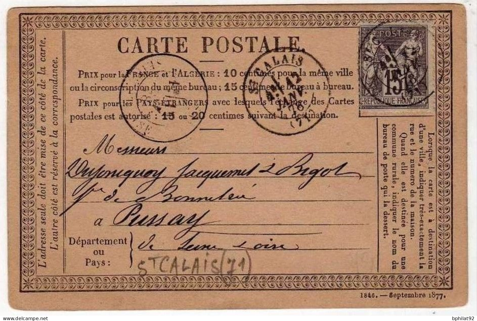 !!! CARTE PRECURSEUR TYPE SAGE CACHET DE ST CALAIS (SARTHE) 1878 - Cartes Précurseurs