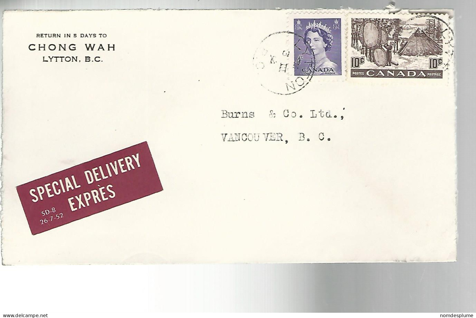 52995 ) Canada Special Delivery Lytton Vancouver Postmarks 1954 - Express