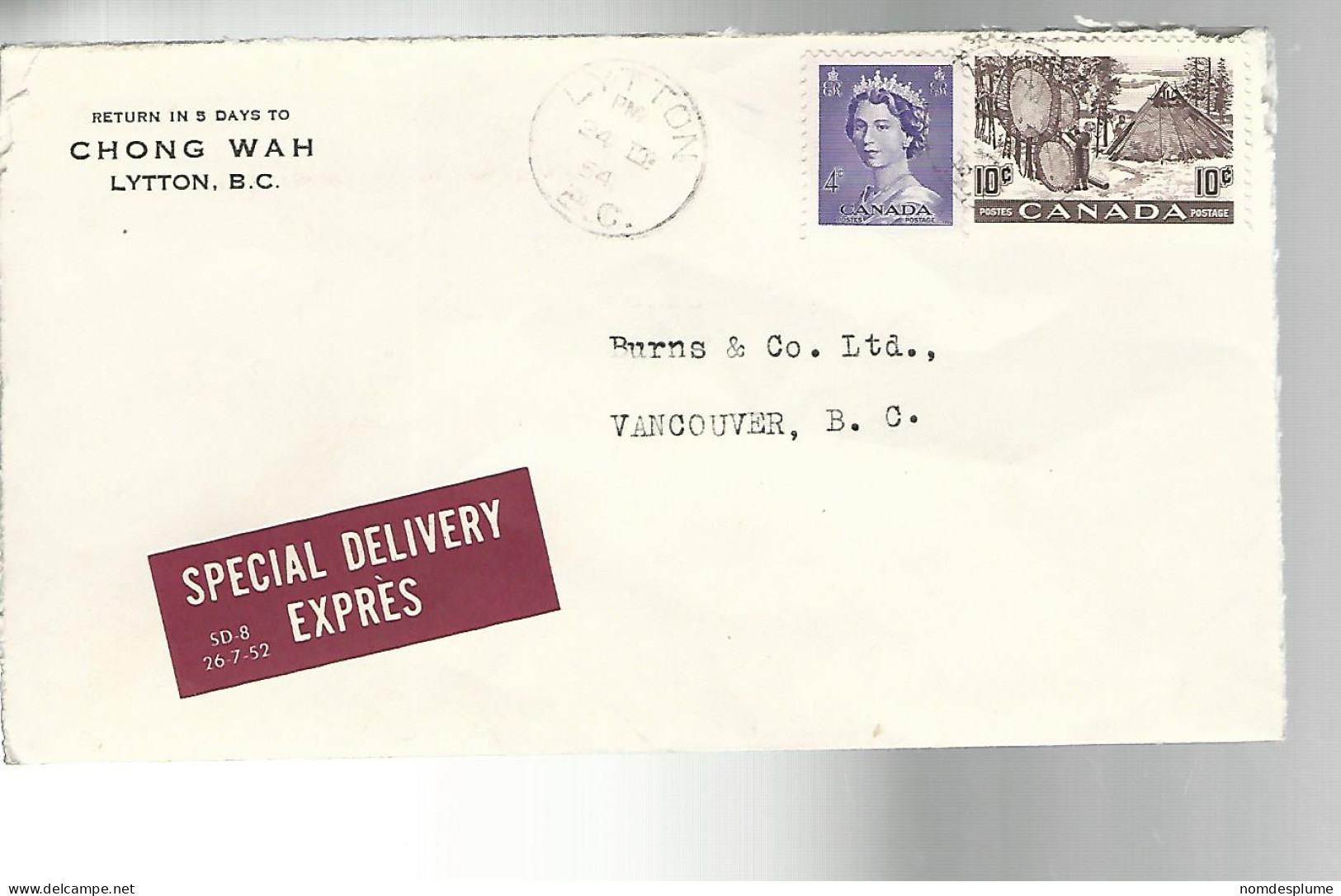 52996 ) Canada Special Delivery Lytton Vancouver Postmarks 1954 - Espressi