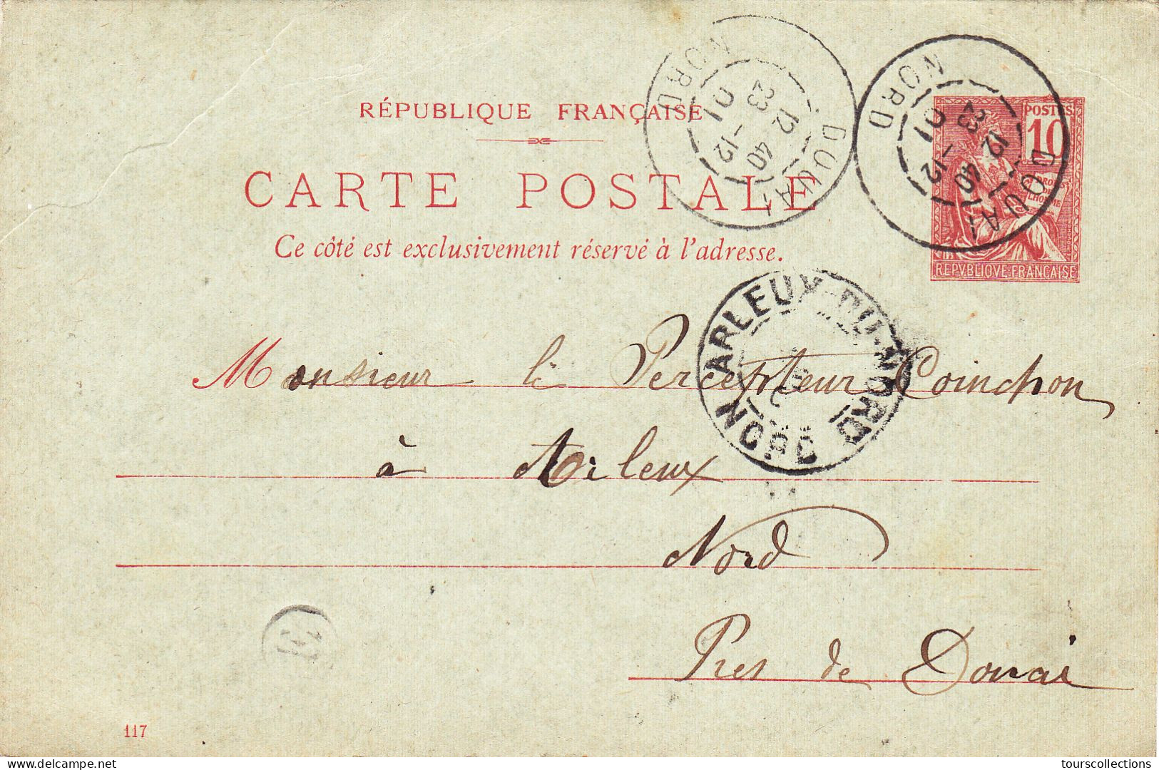 ENTIER POSTAL CARTE POSTALE De 1901 - DOUAI à ARLEUX Nord France -  à Mr Goichon Percepteur Impots - Cartes Précurseurs