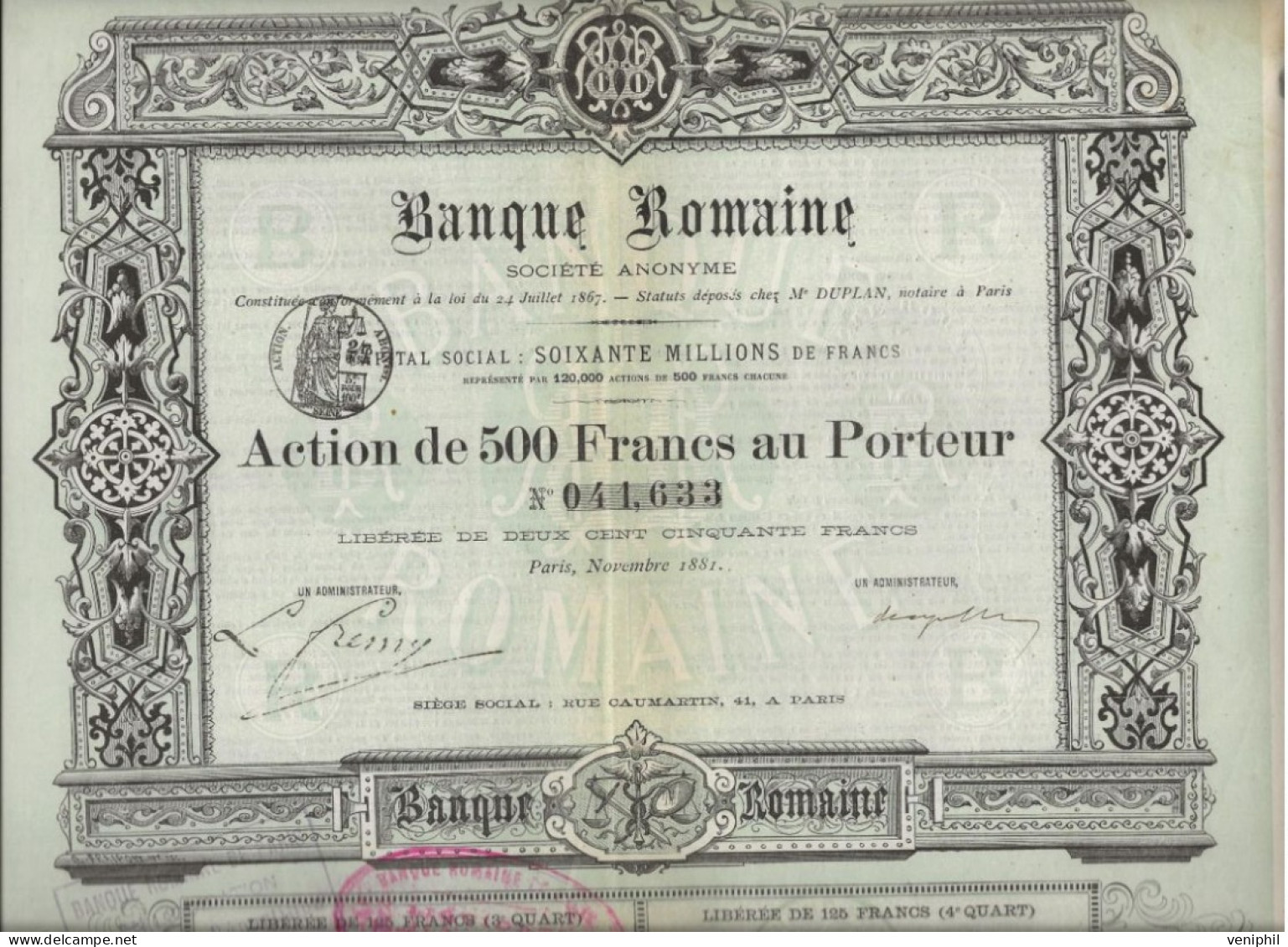 BANQUE ROMAINE  - ACTION DE 500 FRANCS  ANNEE 1881 - Banque & Assurance