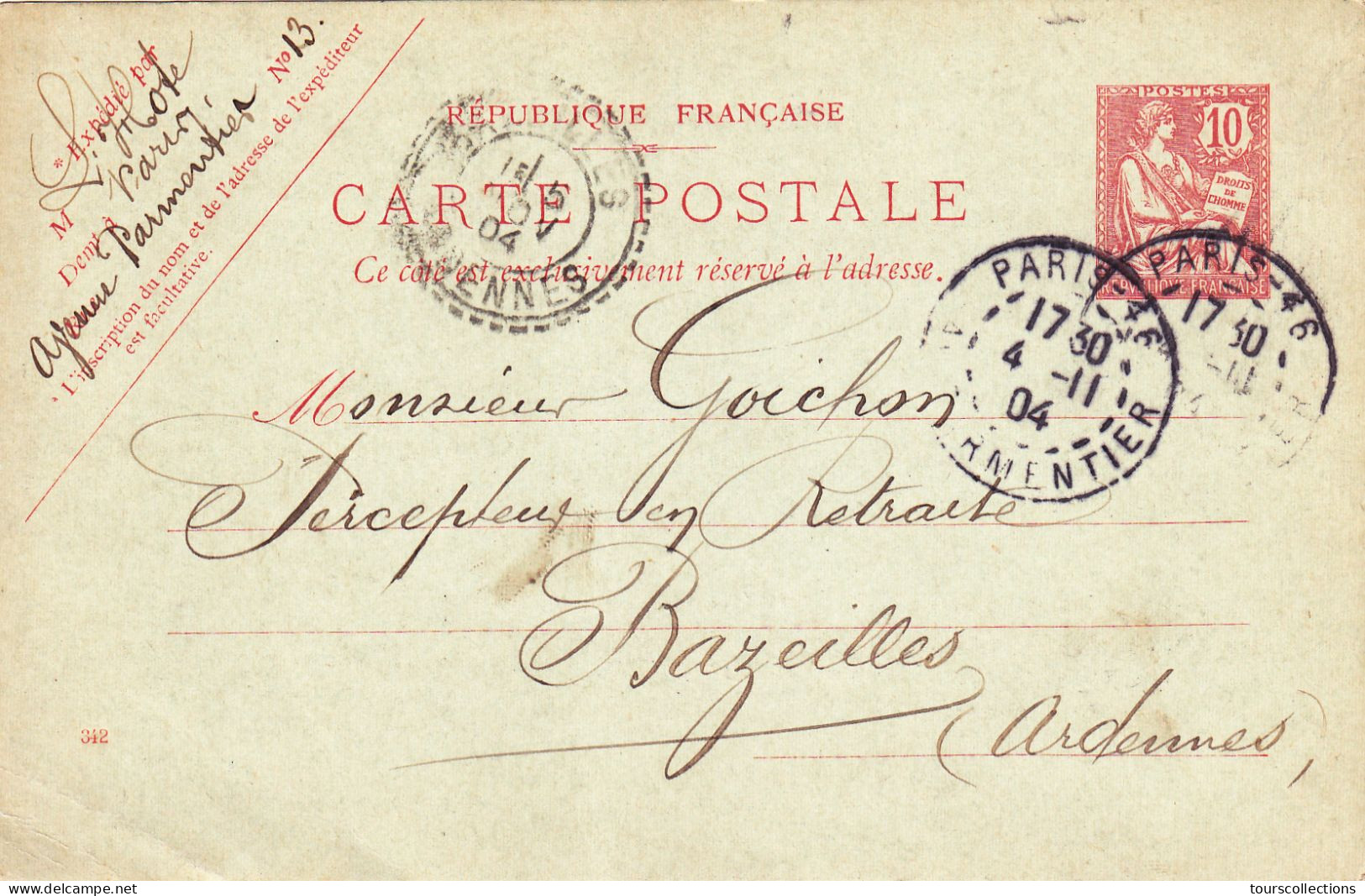 ENTIER POSTAL CARTE POSTALE De 1904 - Cachet Paris Rue Parmentier à Mr Goichon Percepteur Impots Bazeilles Ardennes 08 - Cartes Précurseurs