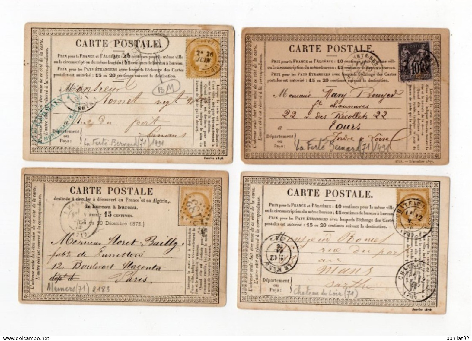 !!! LOT DE 4 CARTES PRECURSEUR CERES CACHETS DU MANS, LA FERTE BERNARD, MAMERS ET CHATEAU DU LOIR (SARTHE) - Cartes Précurseurs