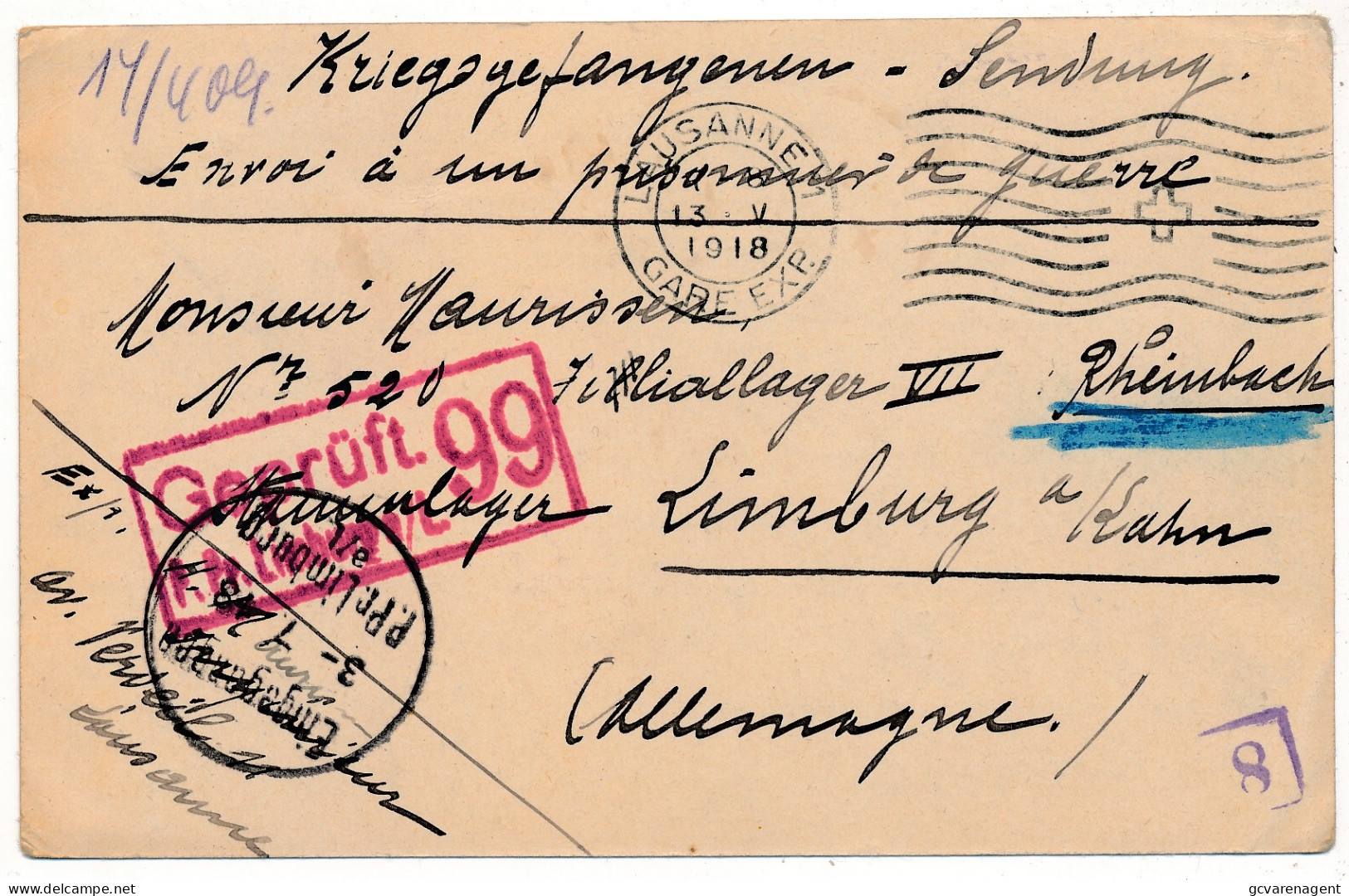 LAUSANNE 1918 KRIEGSGEFANGENENSENDUNG  GEINTERNEERD  - LIMBURG A/KAHN FILLIALLAGER VIII RHEINBACH      2 SCANS - Krijgsgevangenen