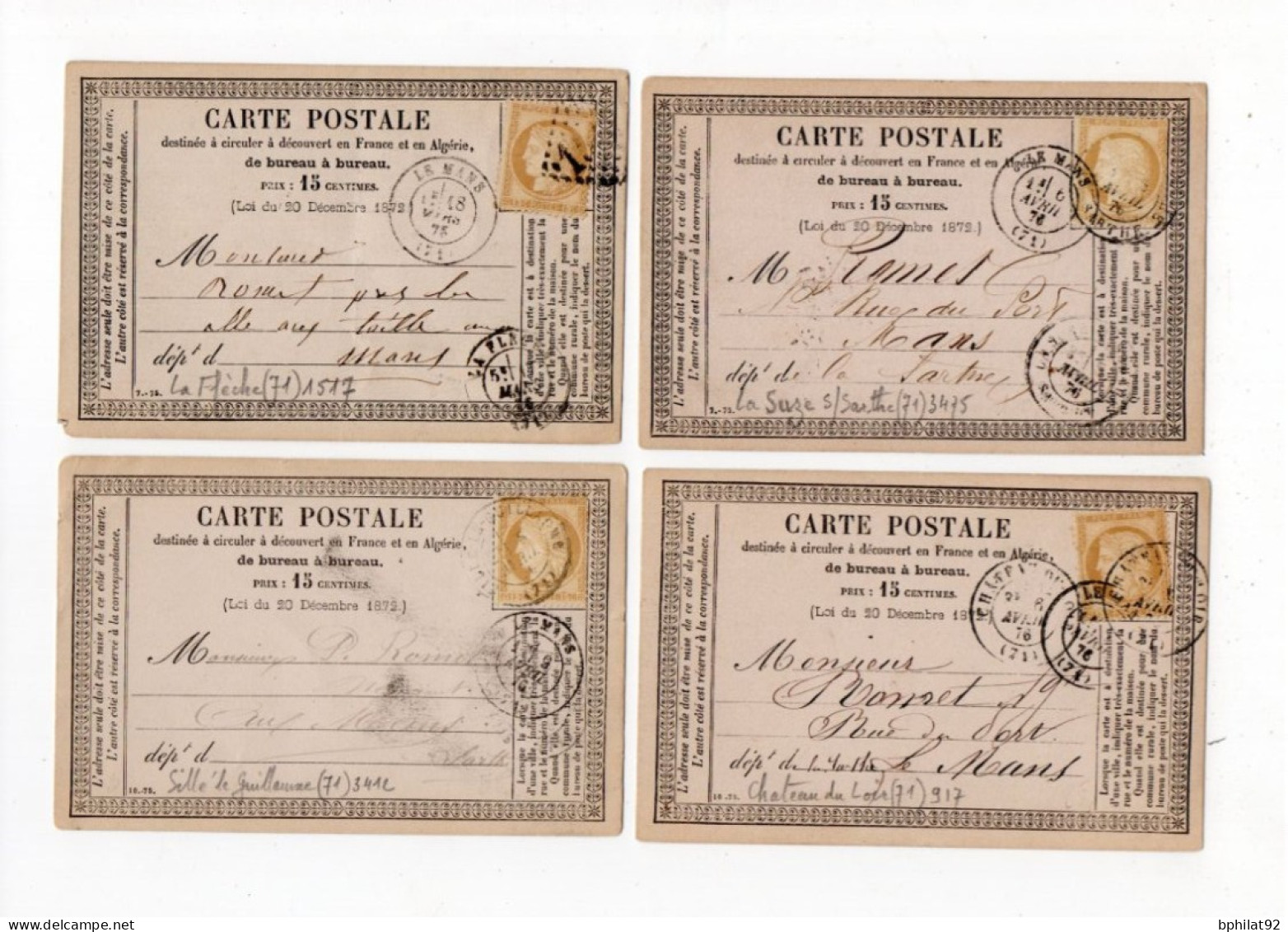 !!! LOT DE 4 CARTES PRECURSEUR CERES CACHET DE LA FLECHE, LA SUZE, CHATEAU DU LOIR, SILLE LE GUILLAUME (SARTHE) - Cartes Précurseurs